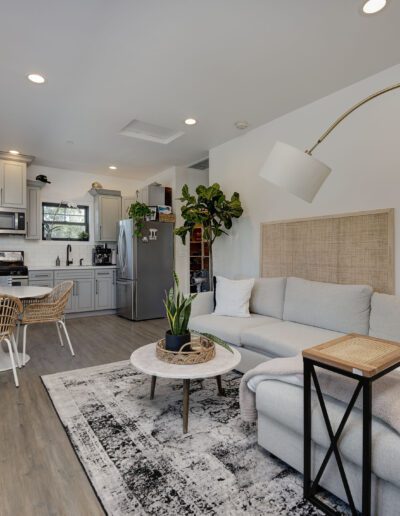 Modern apartment with open living and kitchen area, featuring a gray sofa, round coffee table, dining set, potted plants, and light wood flooring.